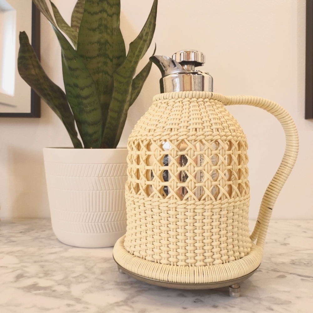 Vintage Swedish Pitcher Coffee Pot "Kokhett" Termoverken 1950s Woven basket MCM